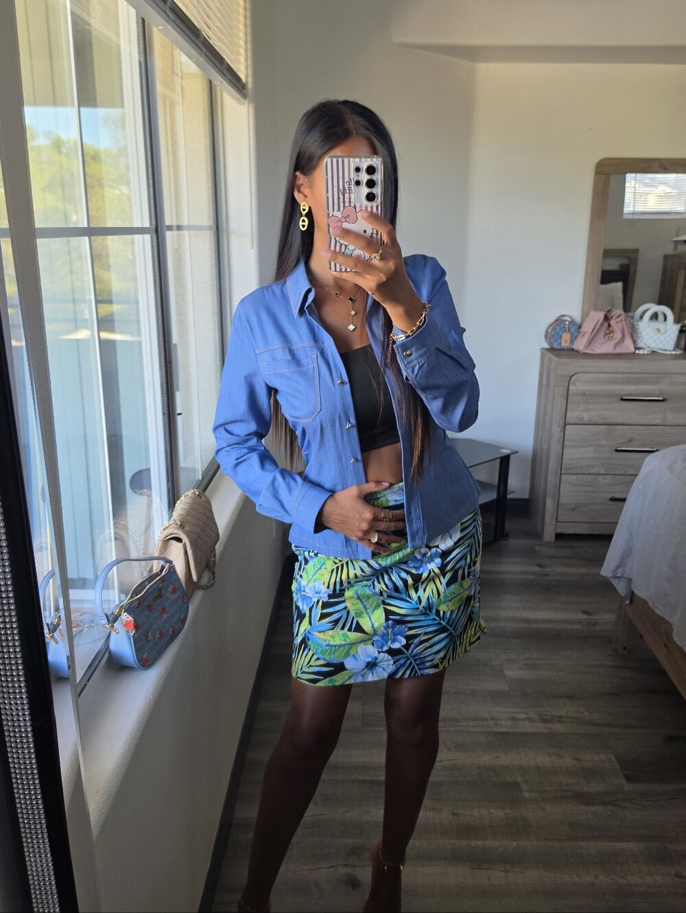 Tropical Leaf Bodycon Mini Skirt - Blue Green Stretchy